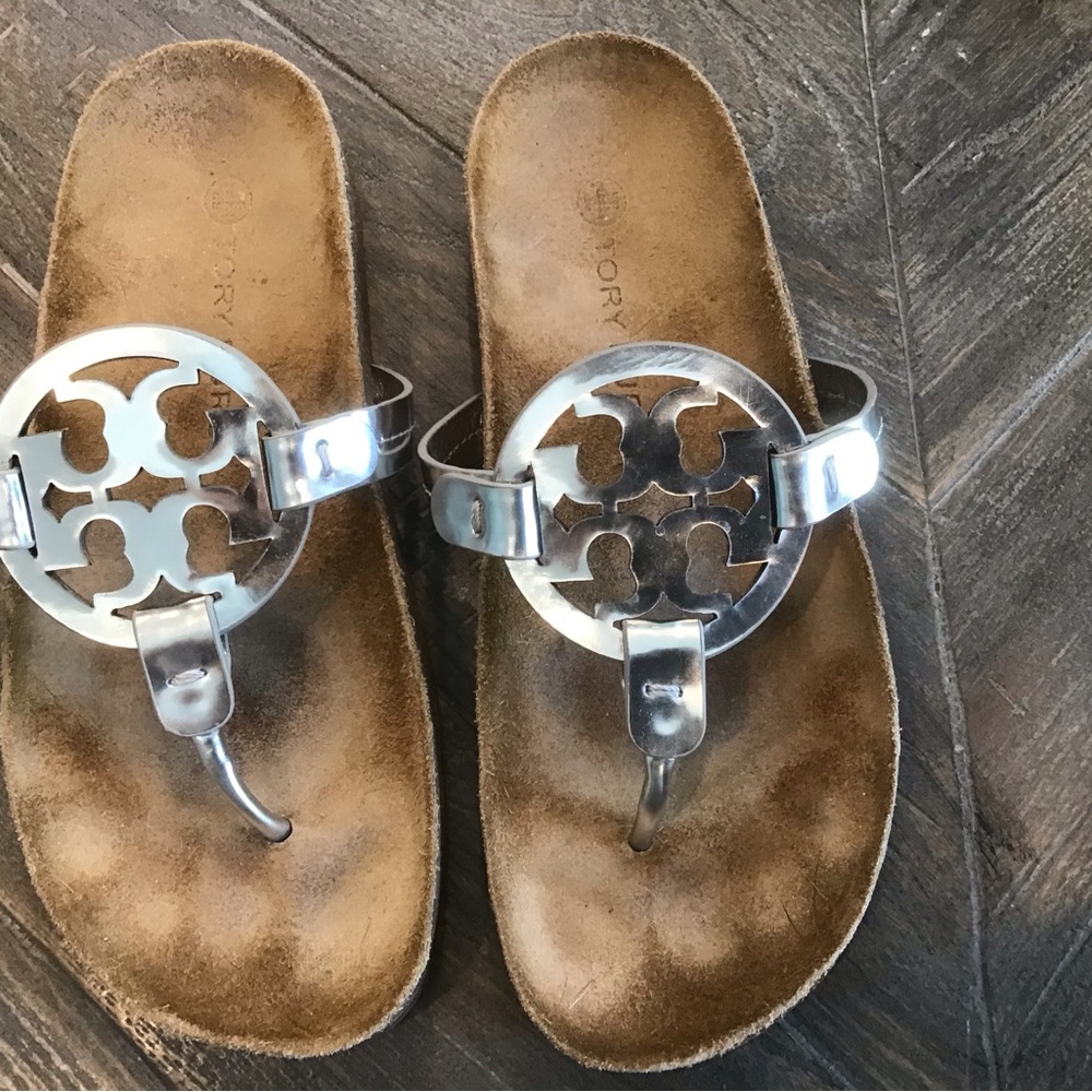 Tory Burch Metallic Silver Slide Sandals